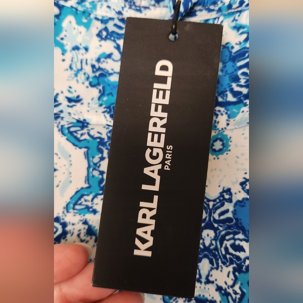 NWT Karl Lagerfeld Medium Blue Floral Sleeveless Women's Top Ruffle Collar - Picture 5 of 10